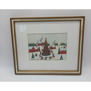 Christmas Winter Rodman Pell Dancing Around Tree Signed Framed Matted Print